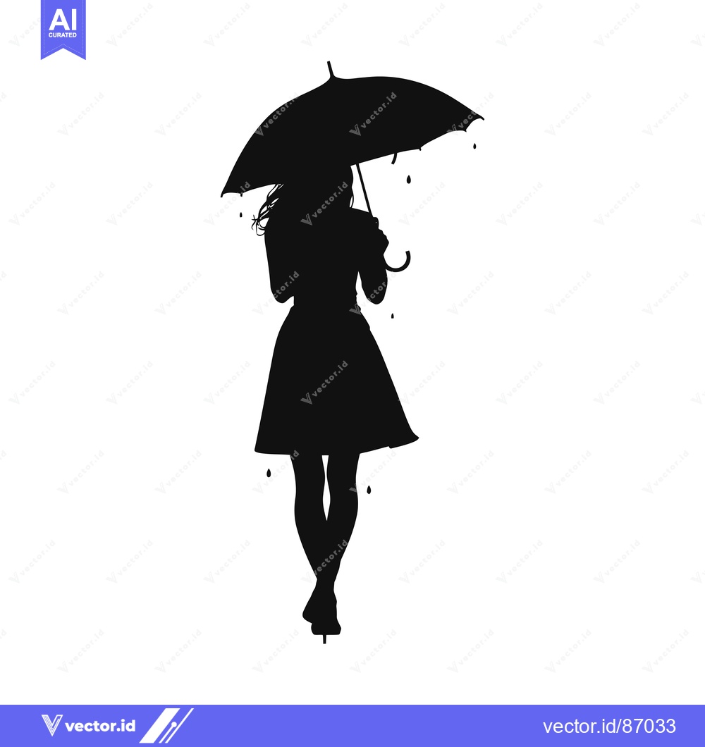 Premium Vector dari Silhouette of a Woman Walking in the Rain with an Umbrella