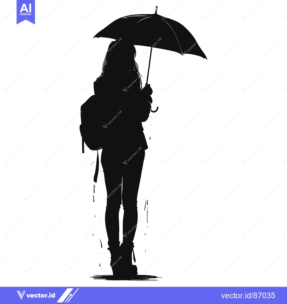 Premium Vector of Silhouette of a Woman with an Umbrella and Backpack