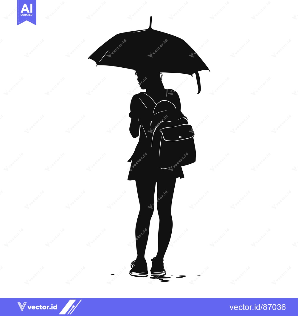 Premium Vector of Silhouette of a Woman with an Umbrella and Backpack