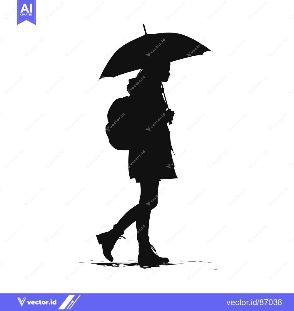 Premium Vector of Silhouette of a Woman Walking with an Umbrella and Backpack