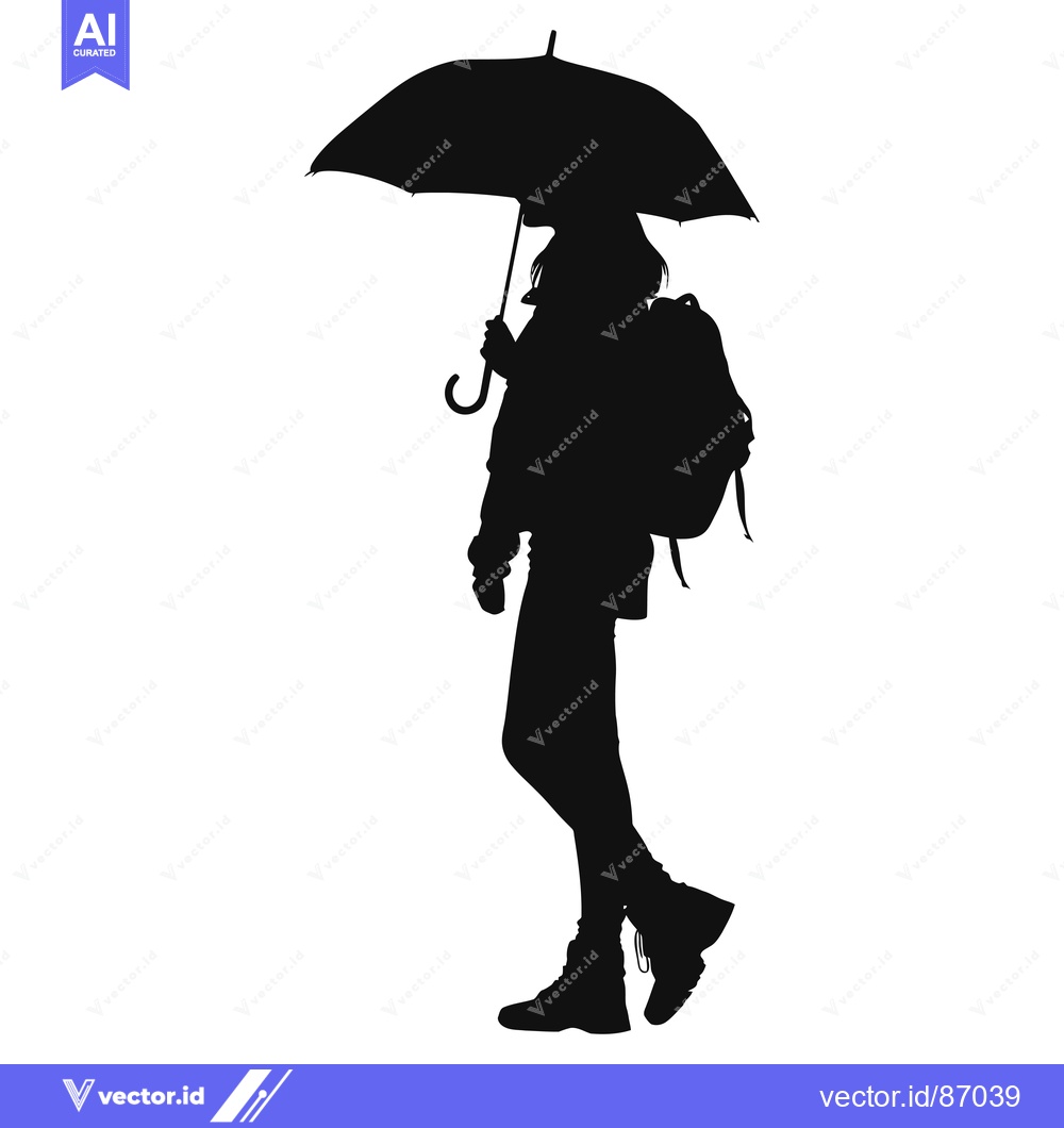 Premium Vector of Silhouette of a Woman Holding an Umbrella and Carrying a Backpack
