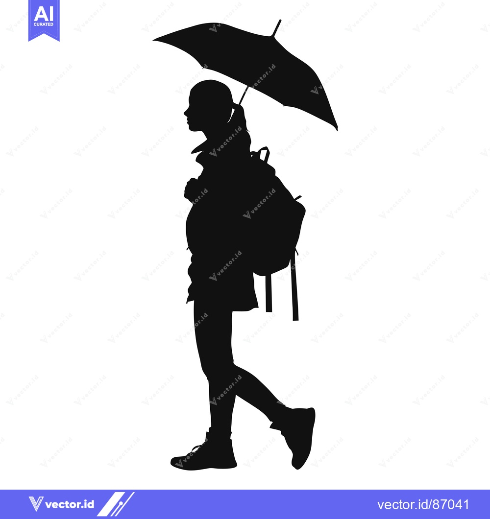 Premium Vector dari Silhouette of a Woman Walking with an Umbrella and Backpack