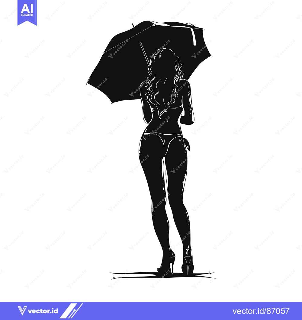 Premium Vector dari Silhouette of a Woman in a Bikini Holding an Umbrella