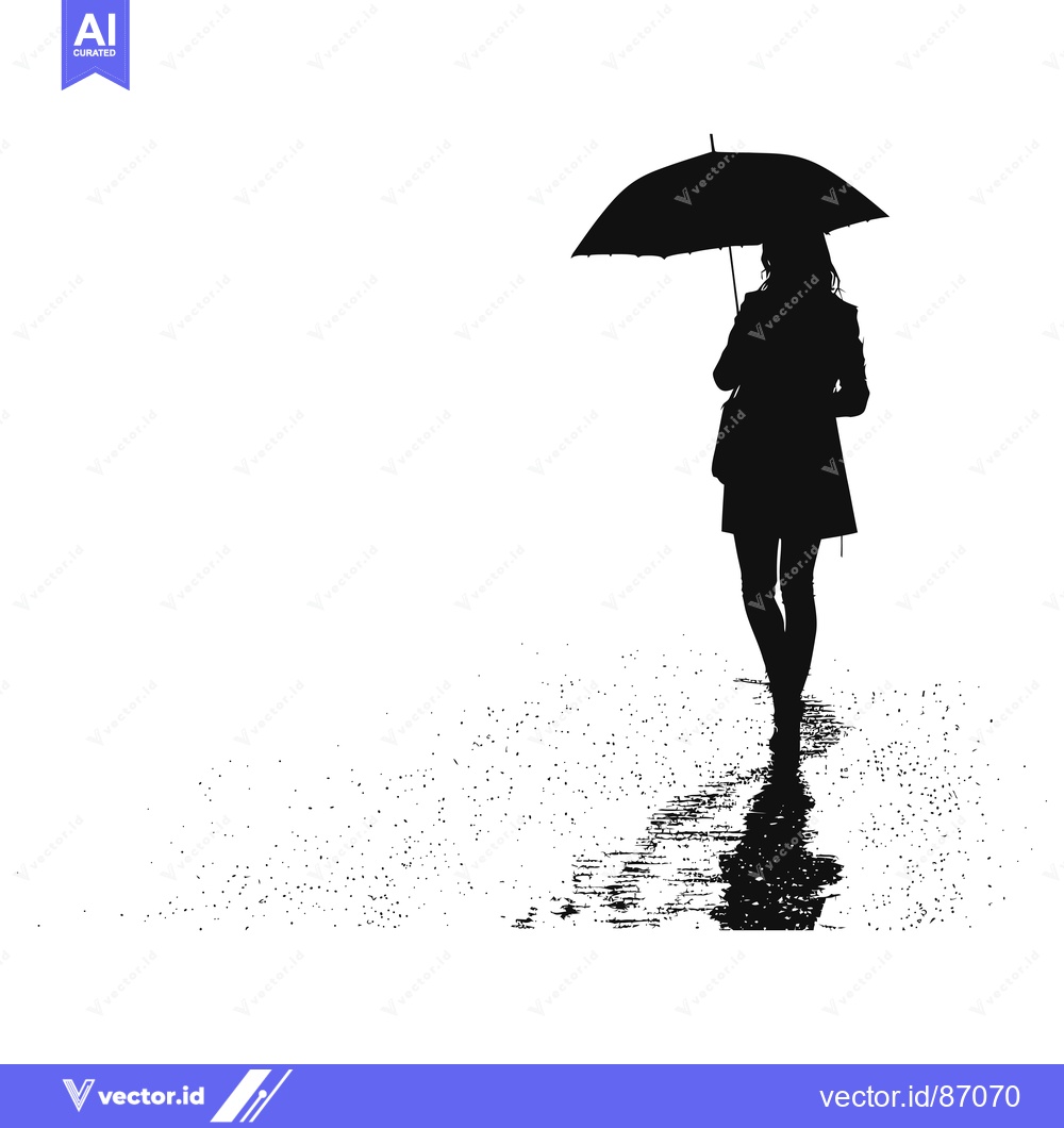 Premium Vector of Silhouette of a Woman Walking in the Rain with an Umbrella