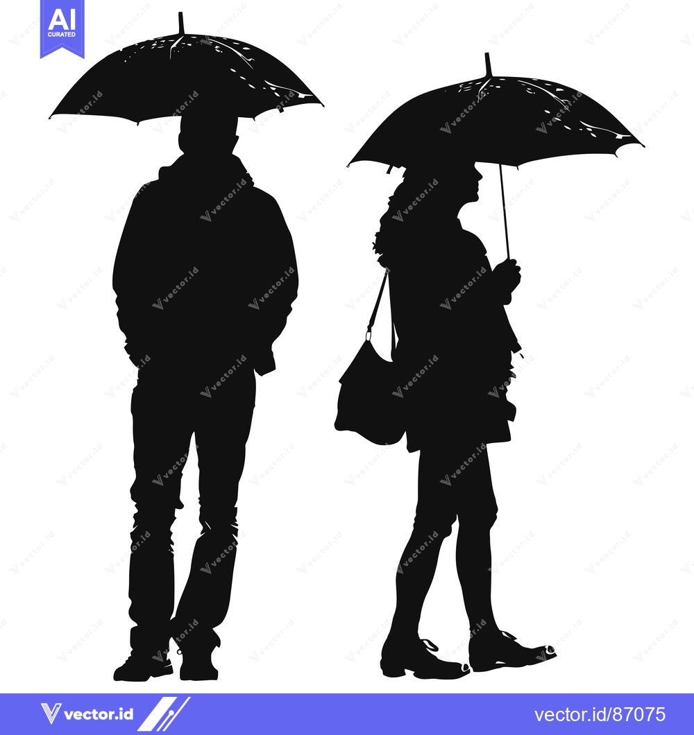 Premium Vector dari Silhouettes of a Man and Woman Walking Together Under Umbrellas