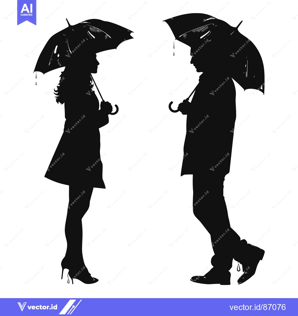 Premium Vector dari Silhouette of a Man and a Woman Holding Umbrellas in the Rain
