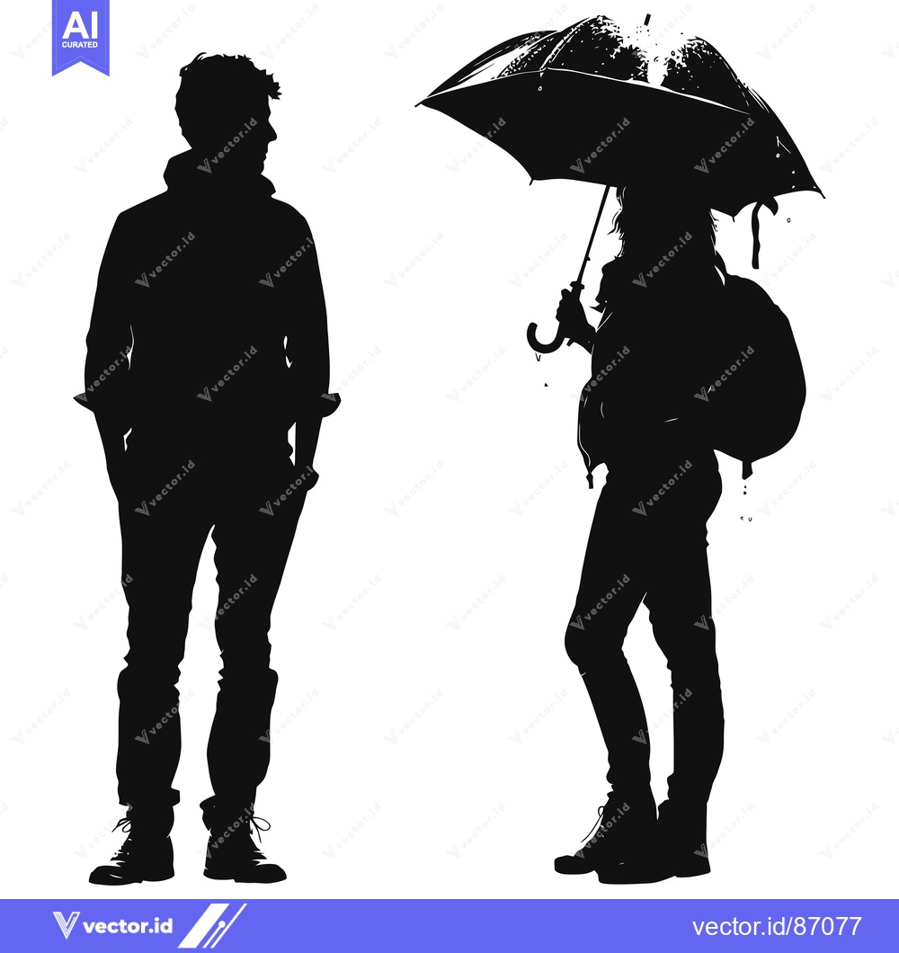 Premium Vector of Silhouette of a Man and Woman, One Holding an Umbrella