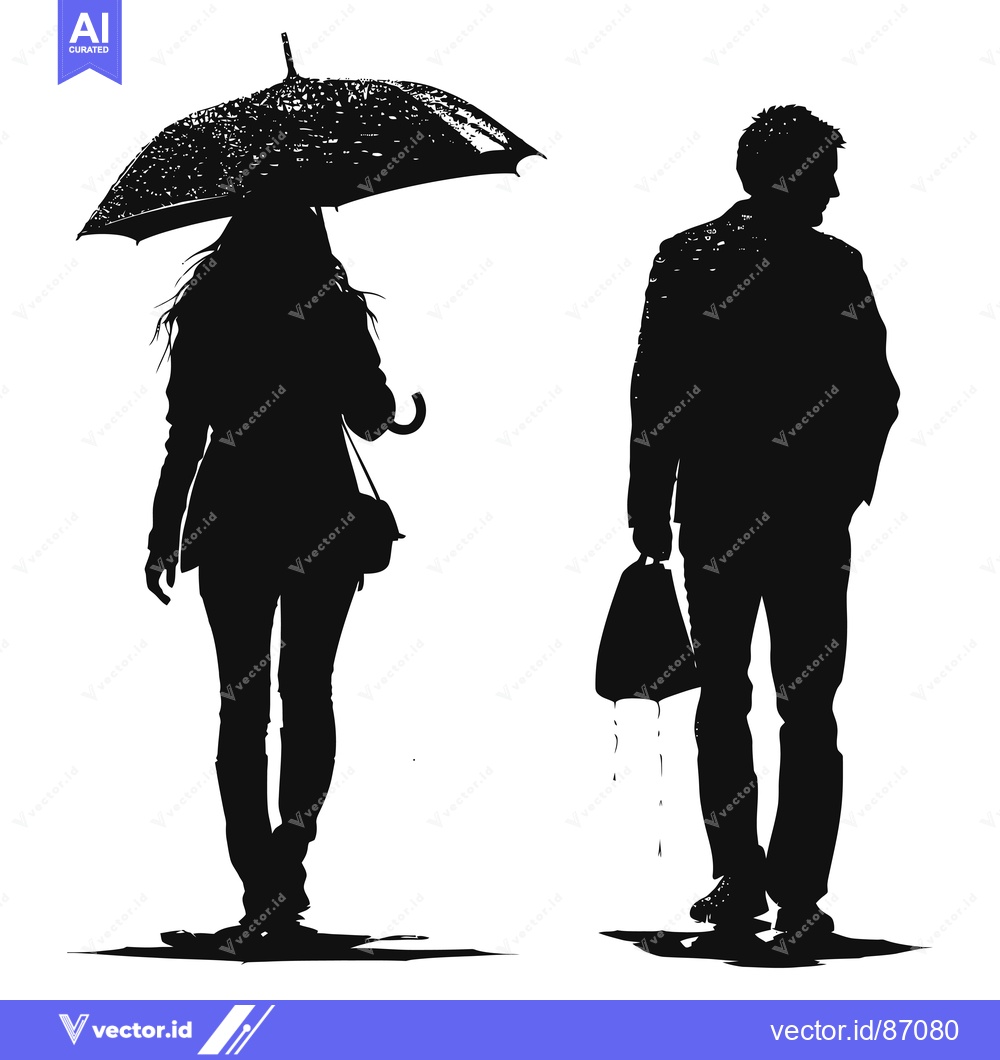 Premium Vector dari Silhouette of a woman with an umbrella and a man walking in the rain