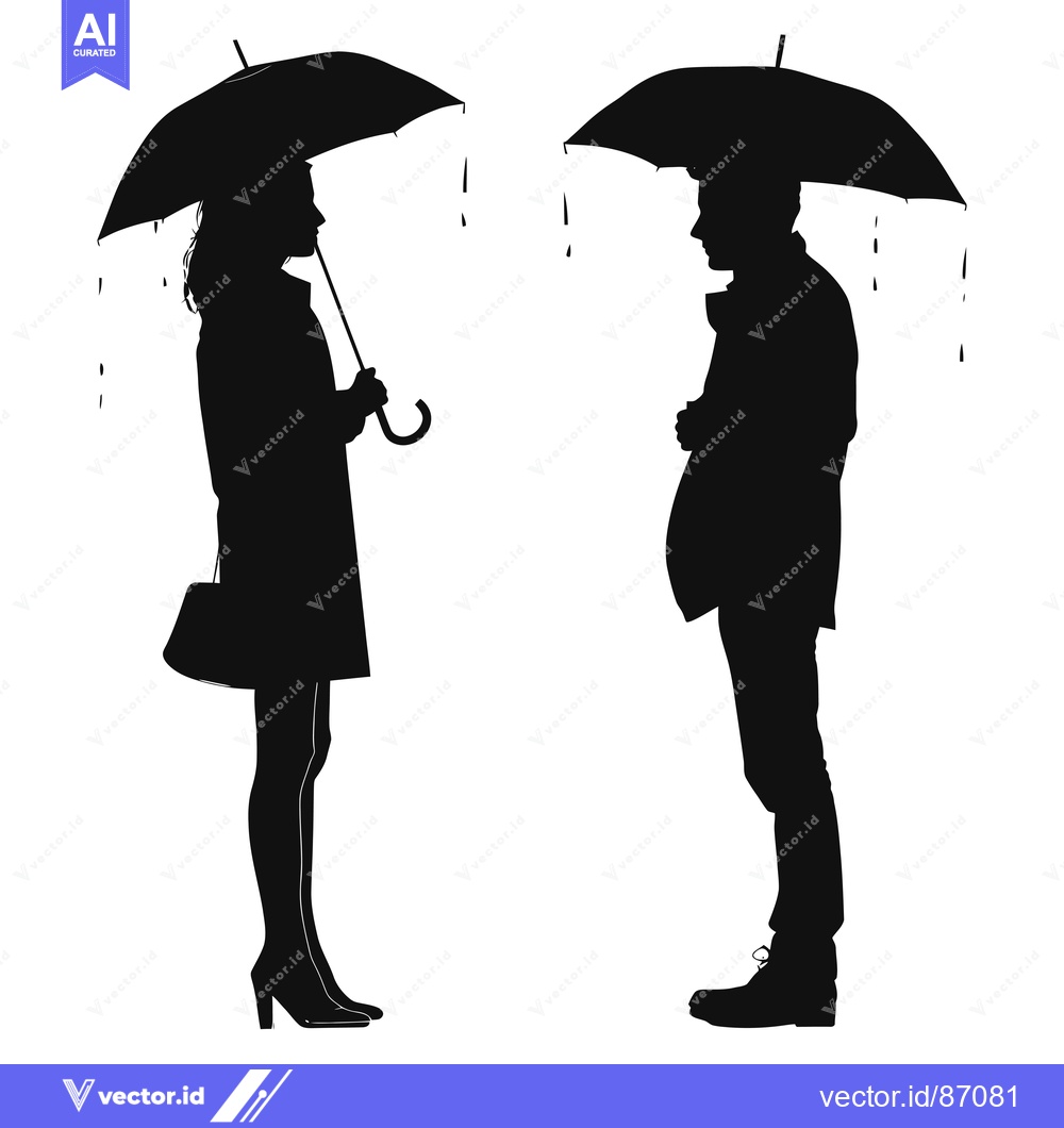 Premium Vector of Silhouette of a Man and Woman Holding Umbrellas in the Rain