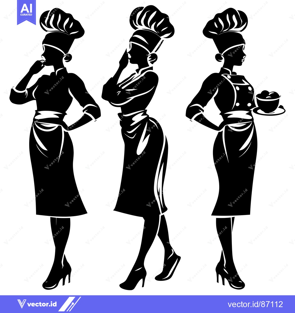 Premium Vector of Three Female Chefs in Silhouette, One Holding a Plate with Food
