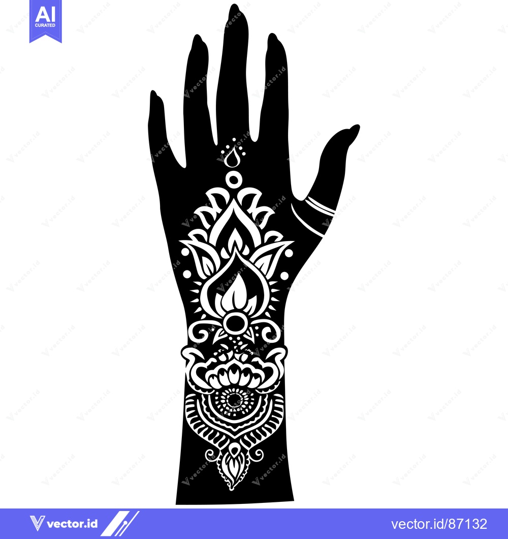 Premium Vector of Black and White Silhouette of a Hand with Intricate Floral Henna Tatto