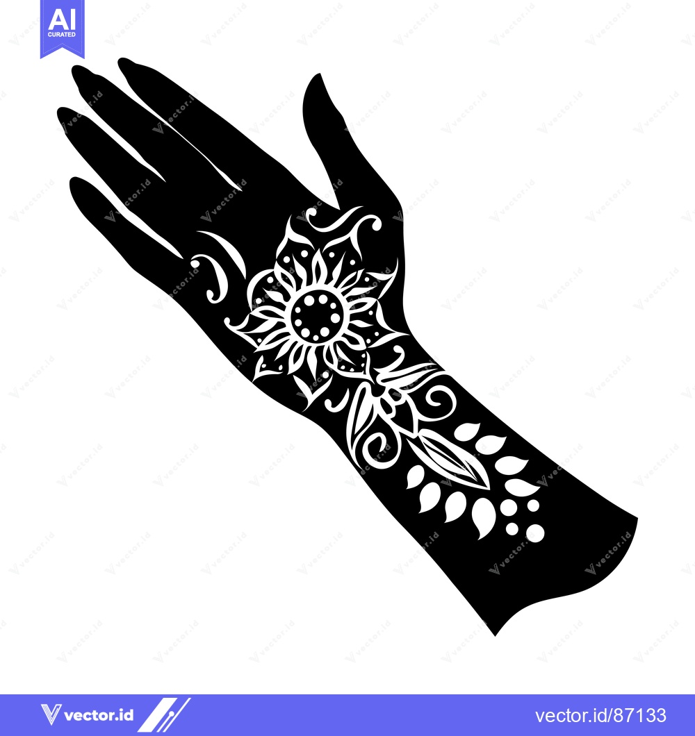 Premium Vector dari Black Silhouette of a Hand with Intricate Floral Henna Design