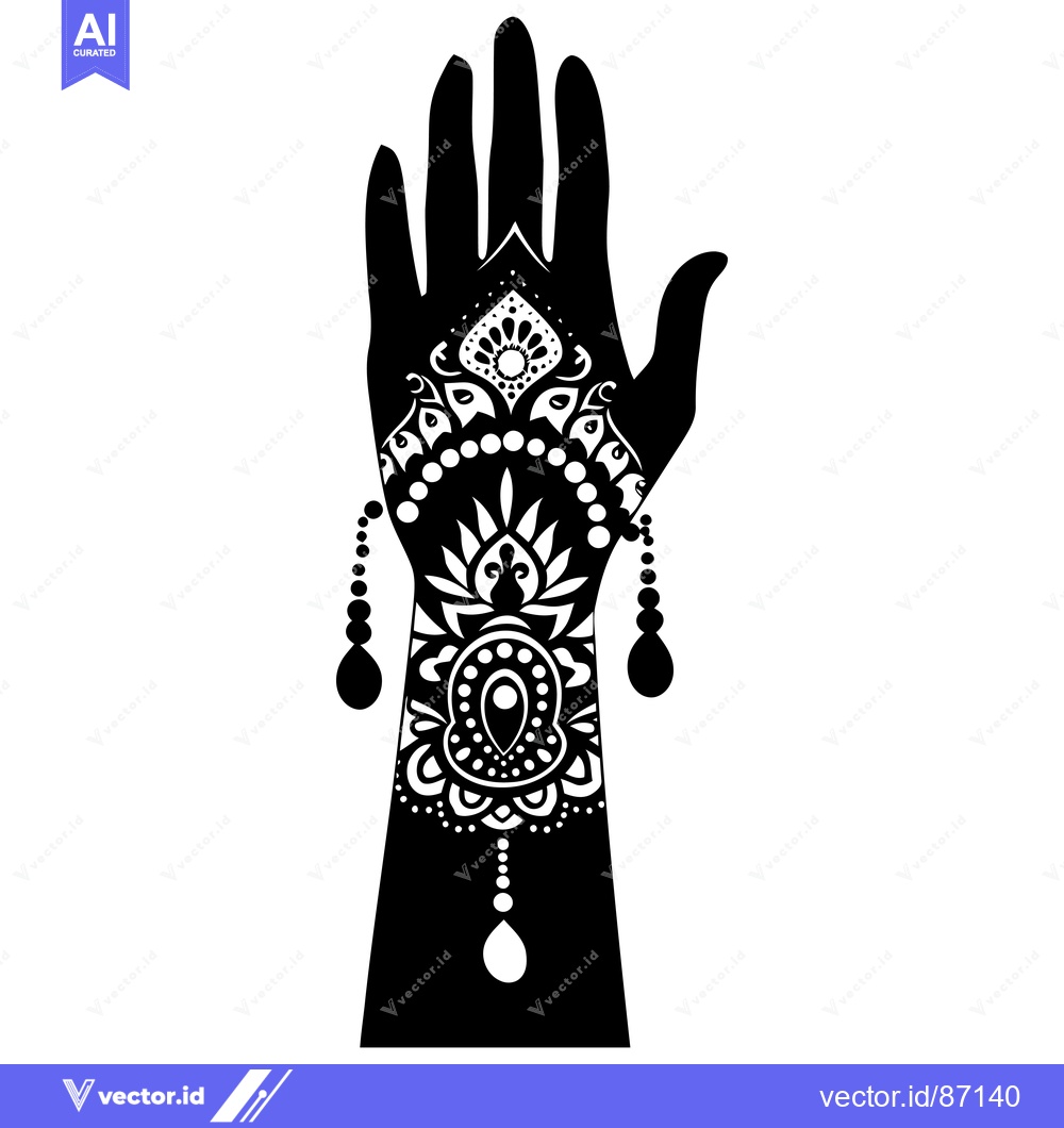Premium Vector of Black and White Hand with Intricate Ornamental Henna Design and Dangli