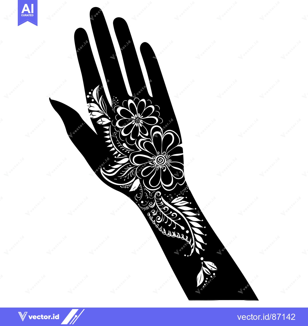 Premium Vector of Black and white silhouette of a hand with intricate floral henna desig