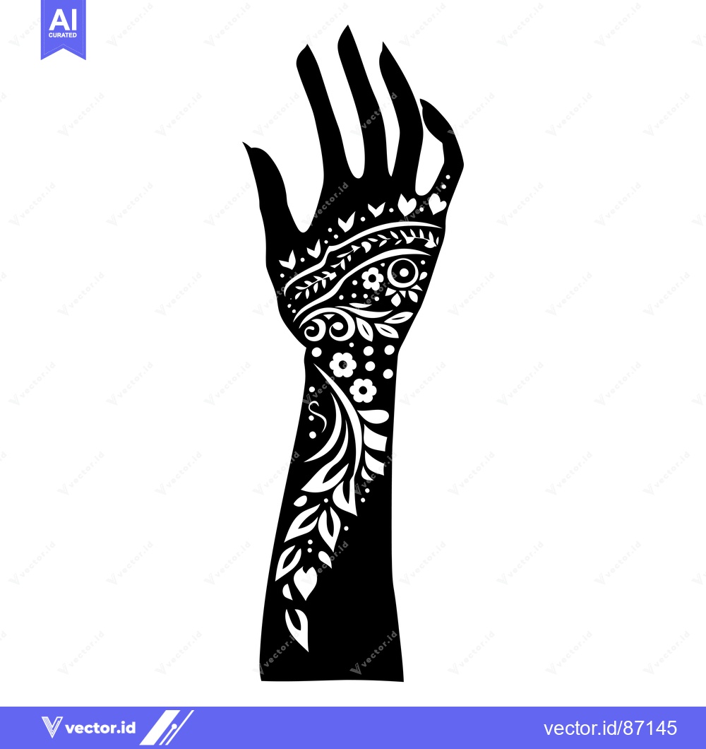 Premium Vector of Black and White Silhouette of a Hand with Intricate Floral Henna Tatto