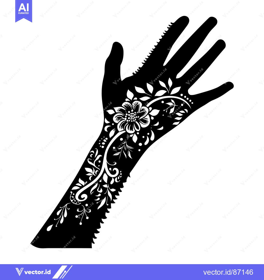 Premium Vector dari Black and White Silhouette of Hand with Floral Henna Tattoo