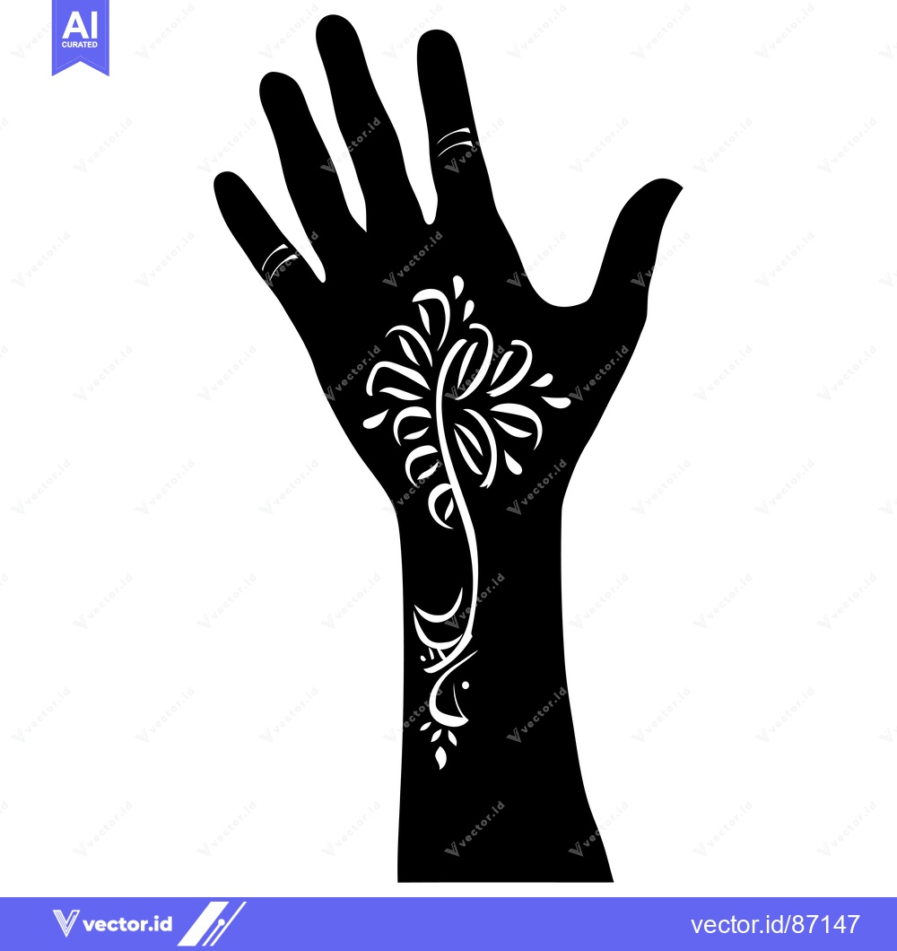 Premium Vector of Black Silhouette of a Hand with a Floral Henna Tattoo