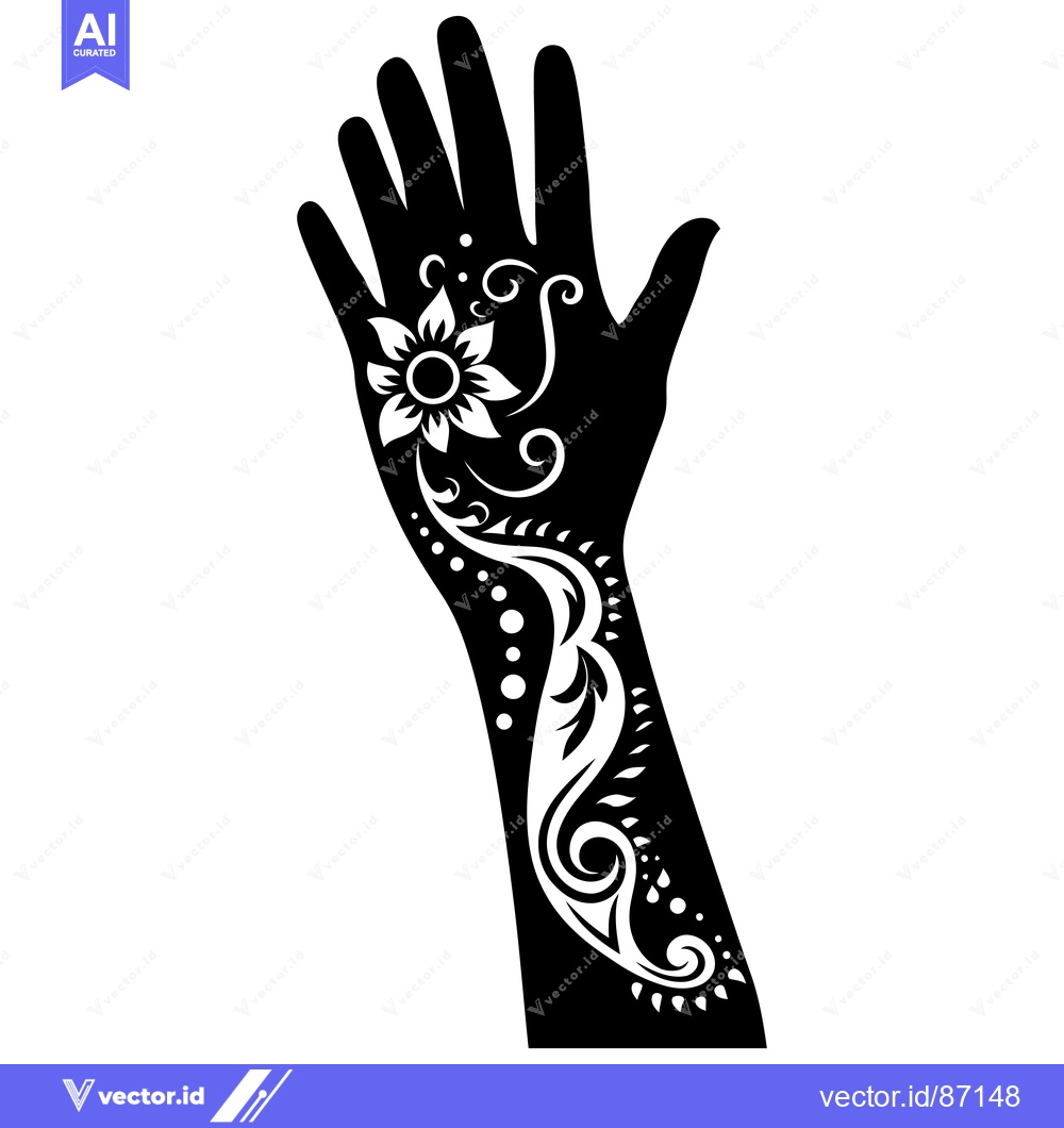 Premium Vector dari Black and White Silhouette of Hand with Floral Henna Tattoo