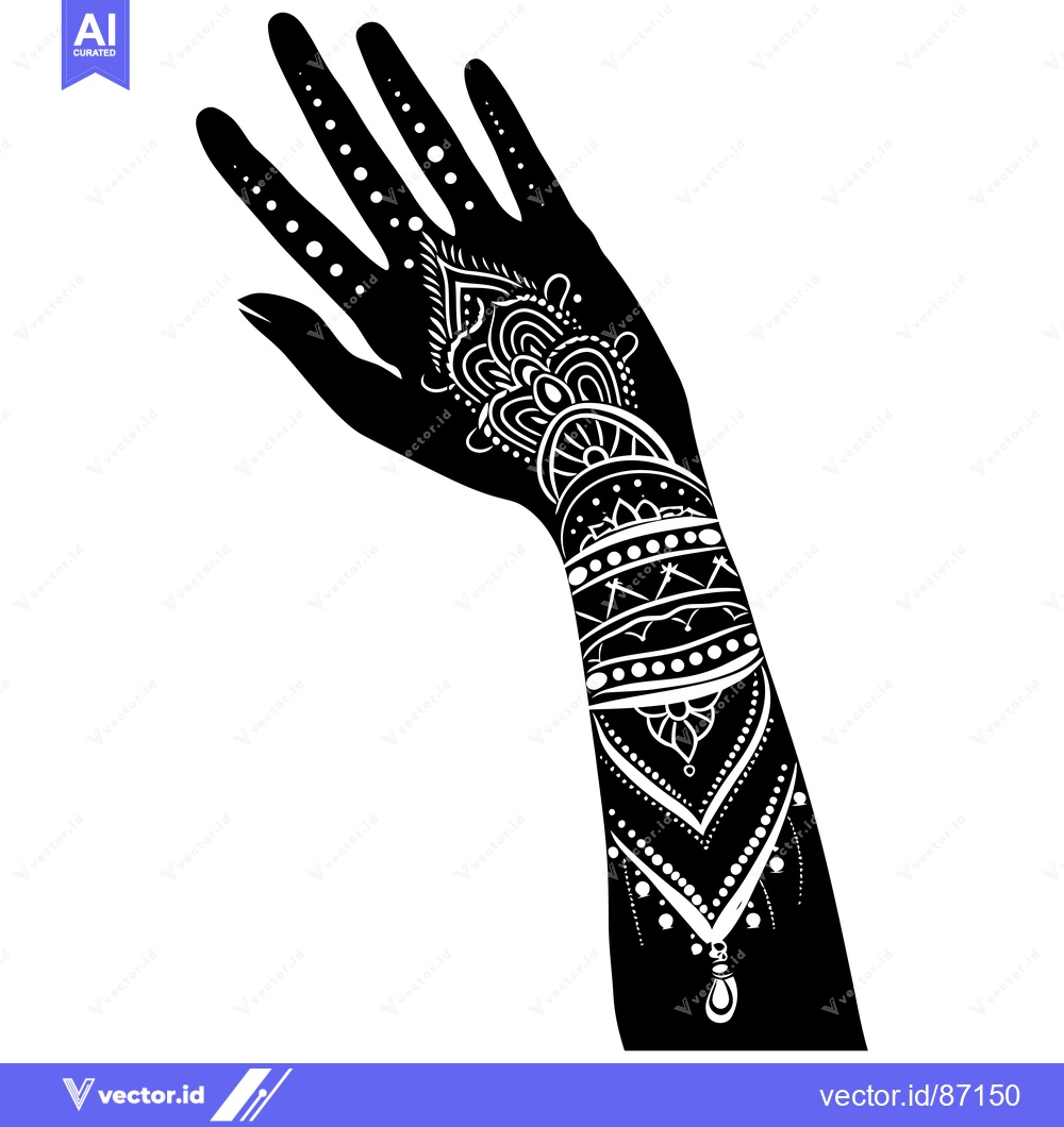 Premium Vector of Black and White Silhouette of a Hand with Intricate Henna Tattoo