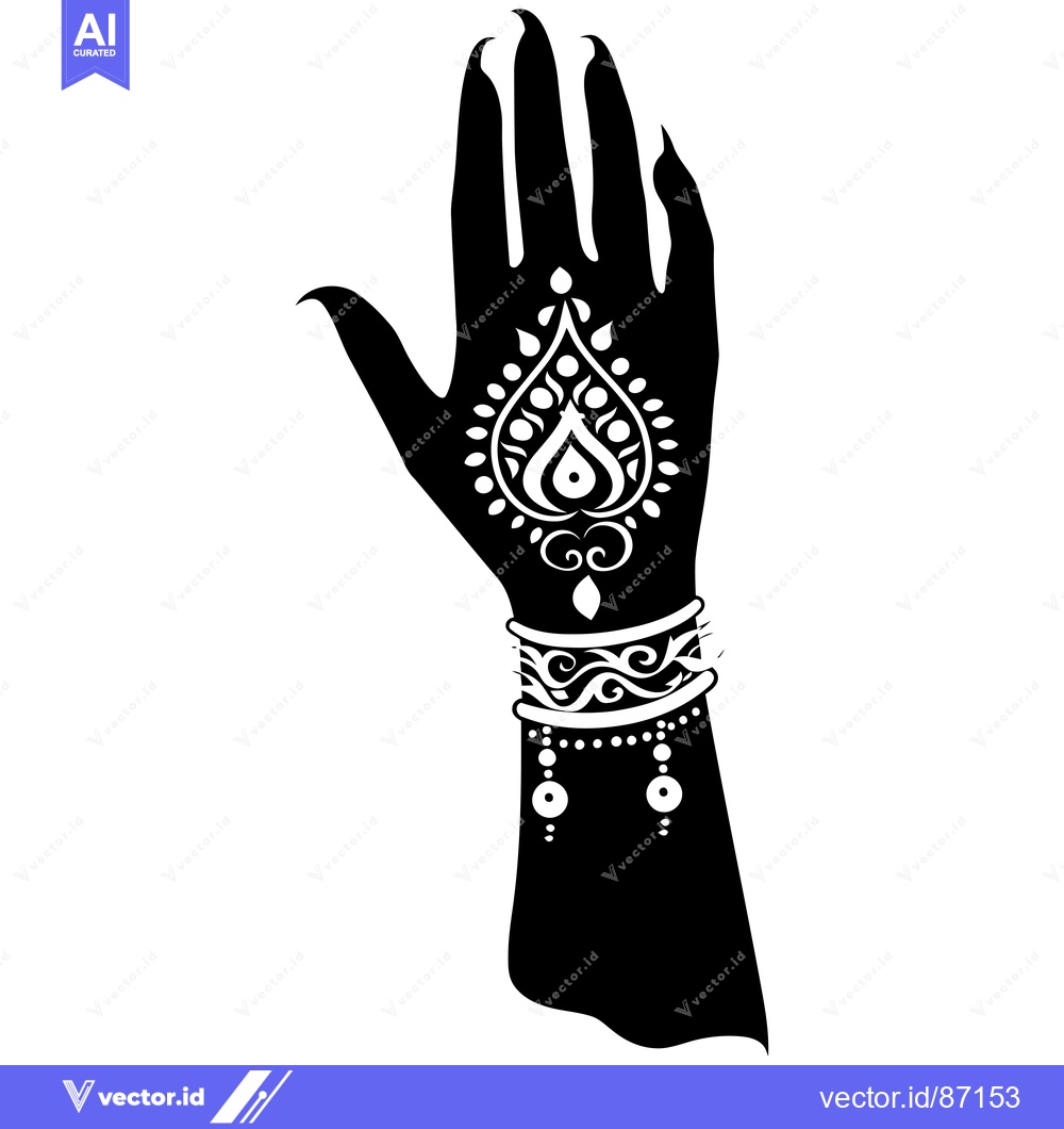 Premium Vector dari Black and White Silhouette of a Hand with Intricate Henna Designs and
