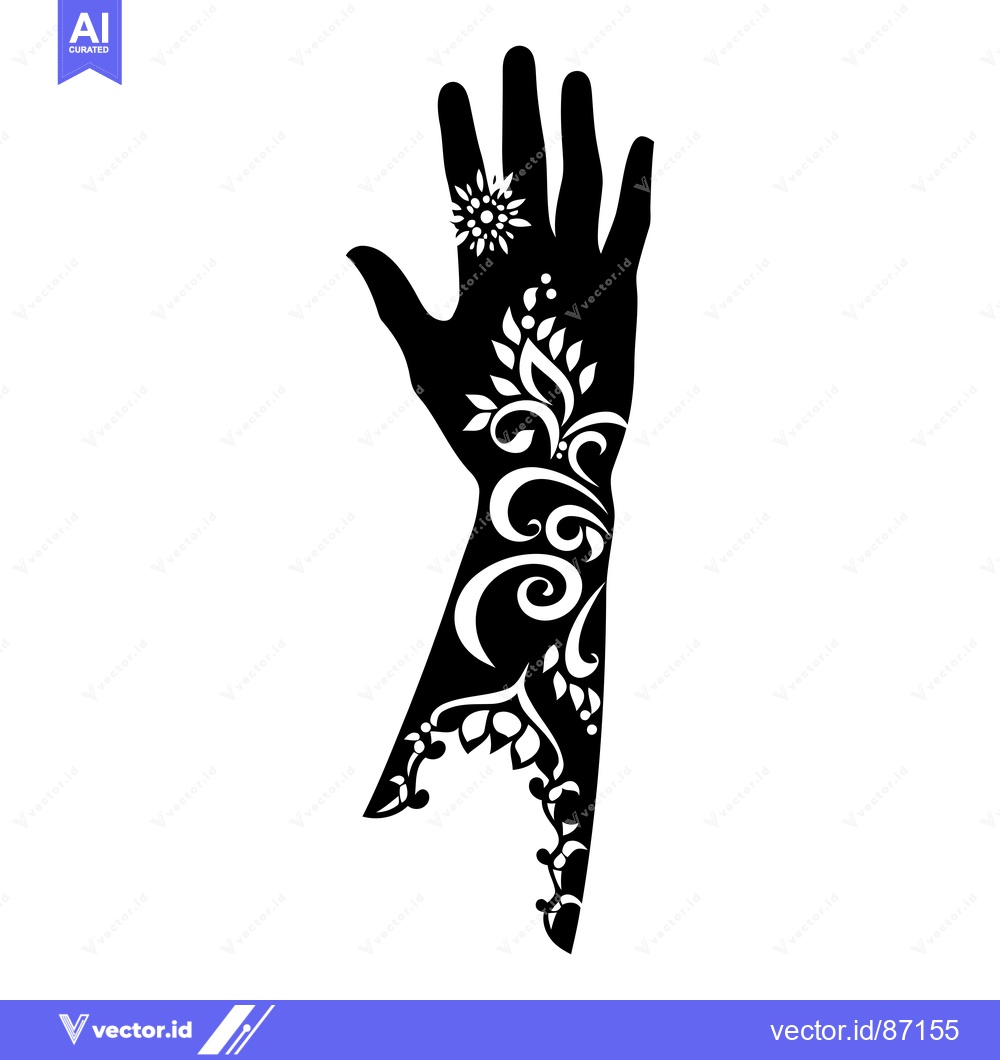 Premium Vector of Black and White Silhouette of a Hand with Floral Henna Tattoo
