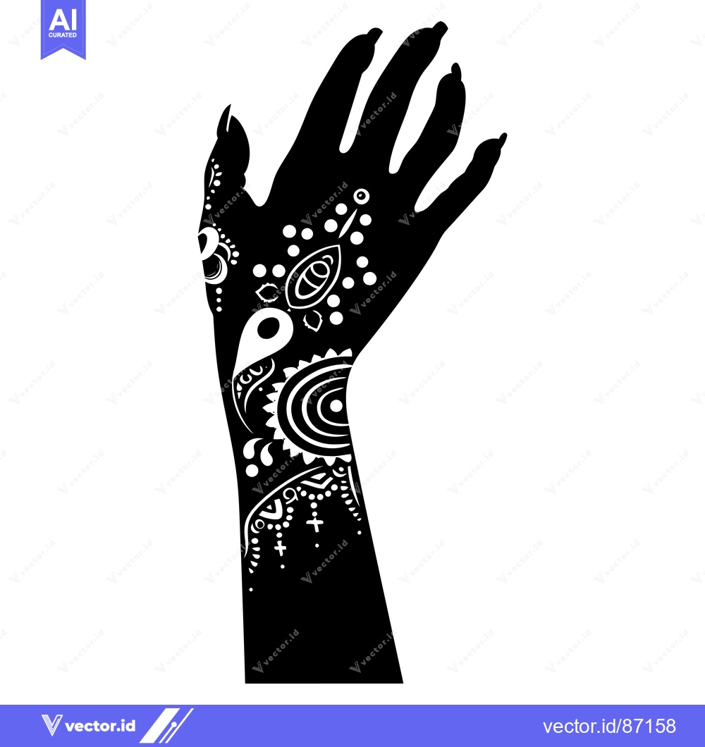 Premium Vector dari Black and White Silhouette of a Hand with Intricate Henna Designs