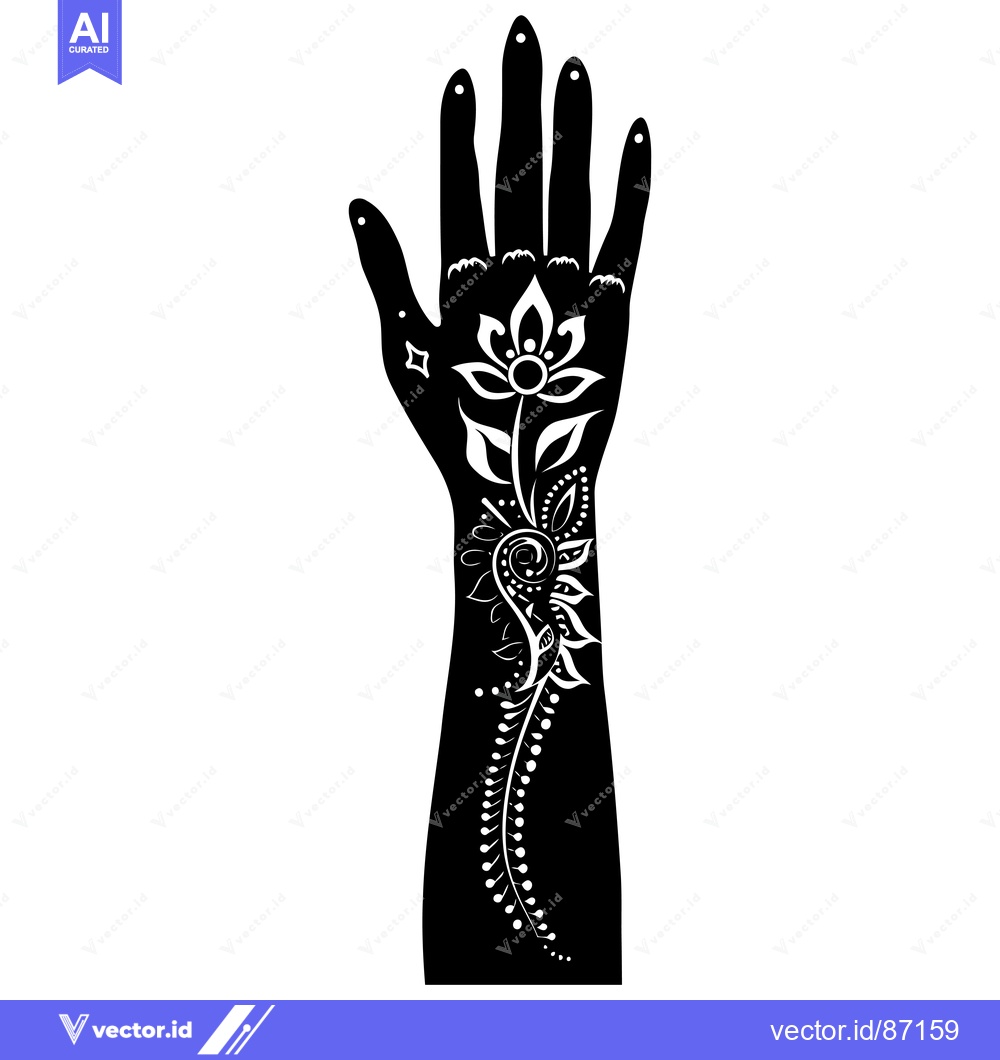 Premium Vector of Black and White Silhouette of a Hand with Floral Henna Tattoo