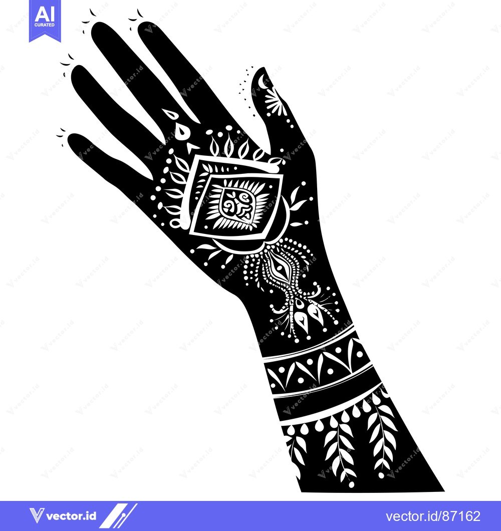 Premium Vector dari Black and White Illustration of a Hand with Intricate Henna Designs