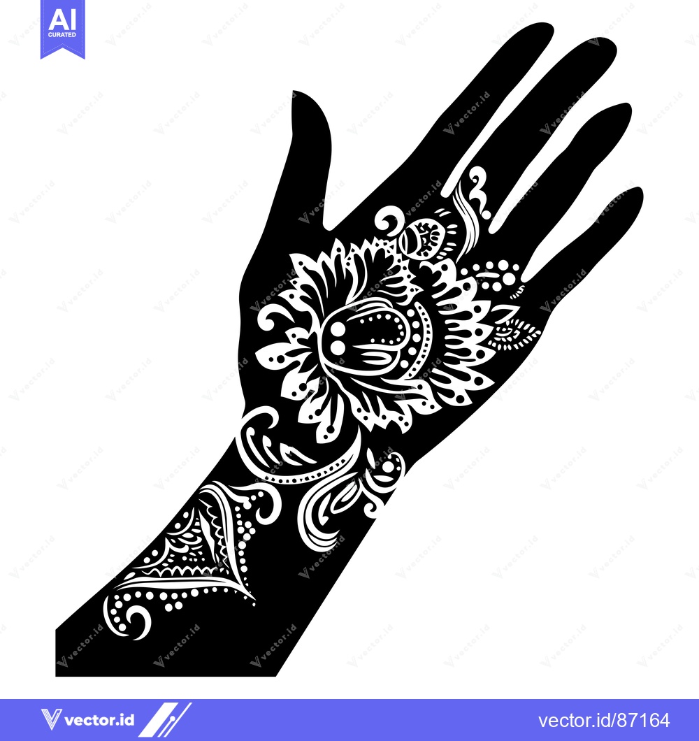 Premium Vector dari Black and White Silhouette of a Hand with Intricate Mehndi Design