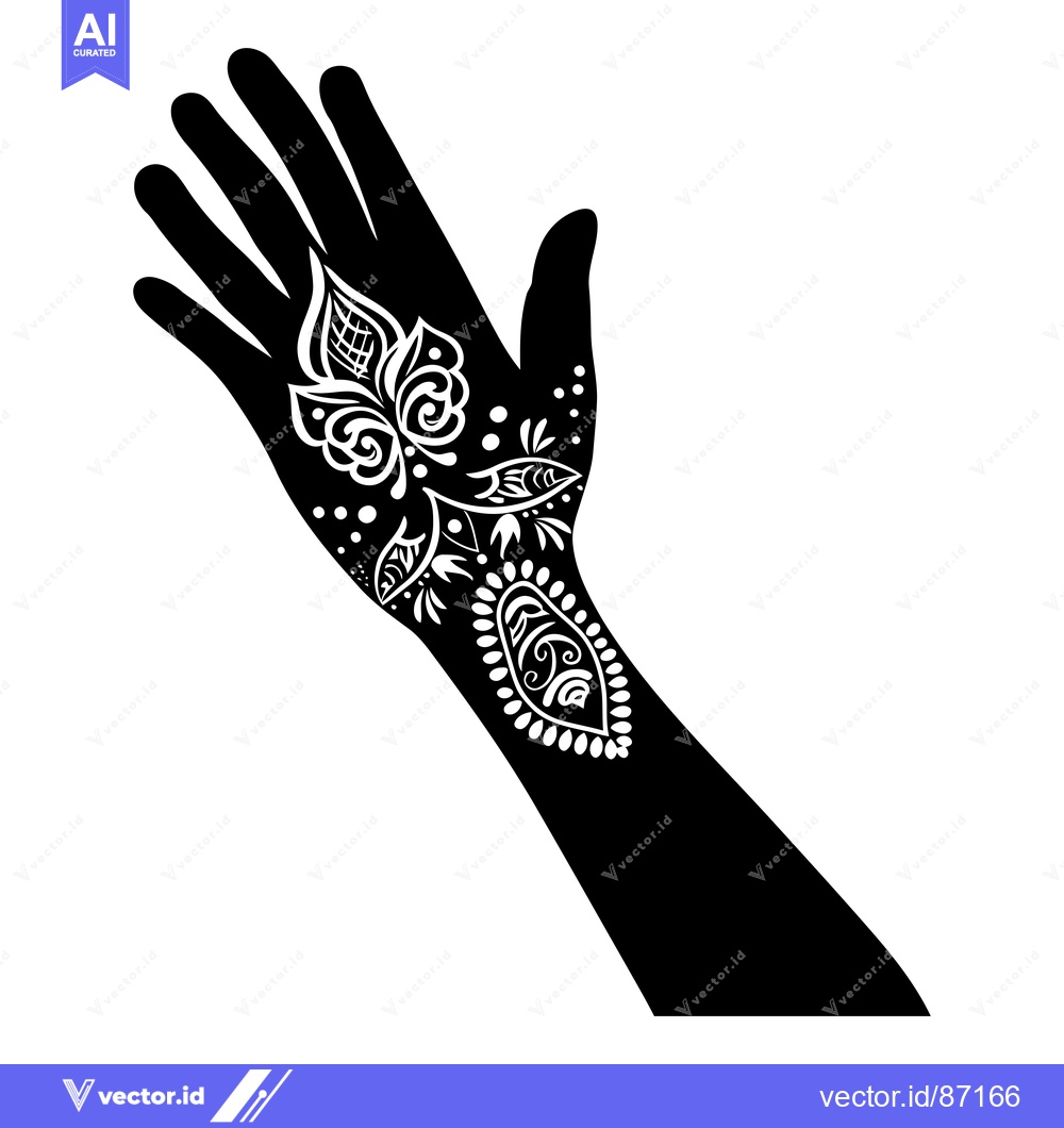 Premium Vector dari Black and White Silhouette of a Hand with Intricate Henna Design