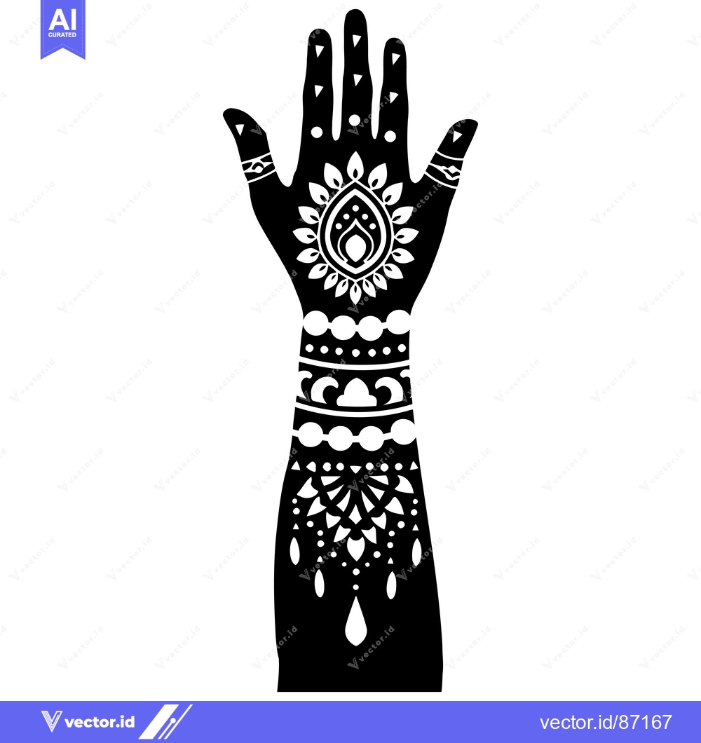 Premium Vector dari Black and White Silhouette of a Hand with Intricate Henna Designs