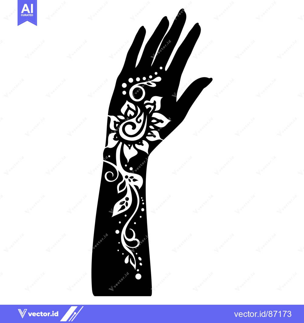 Premium Vector dari Black and White Silhouette of a Hand with Floral Henna Tattoo