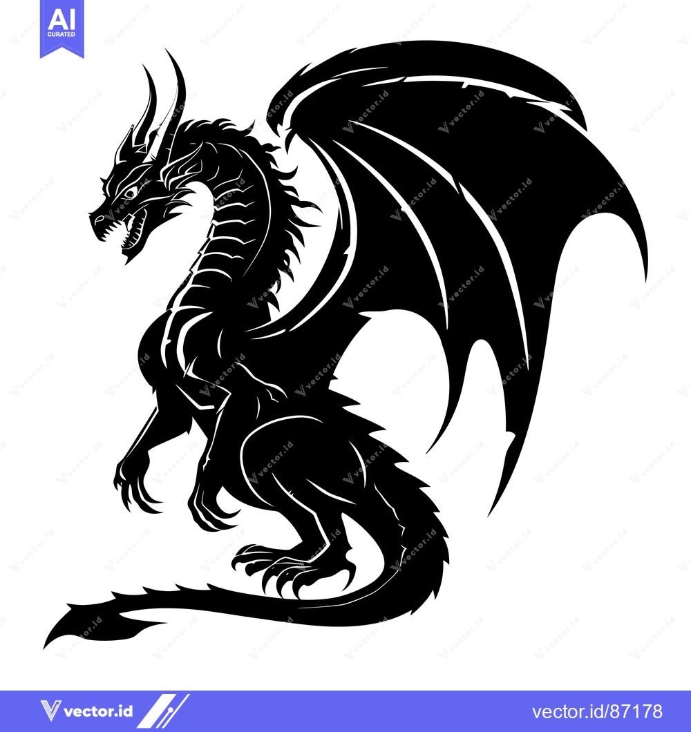 Premium Vector dari Black and White Silhouette of a Standing Dragon with Spikes and Wings