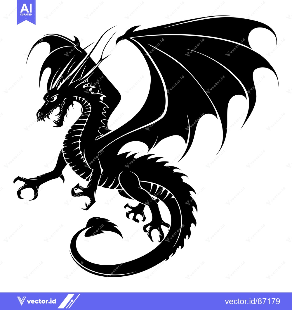 Premium Vector dari Black and white silhouette of a dragon with wings spread