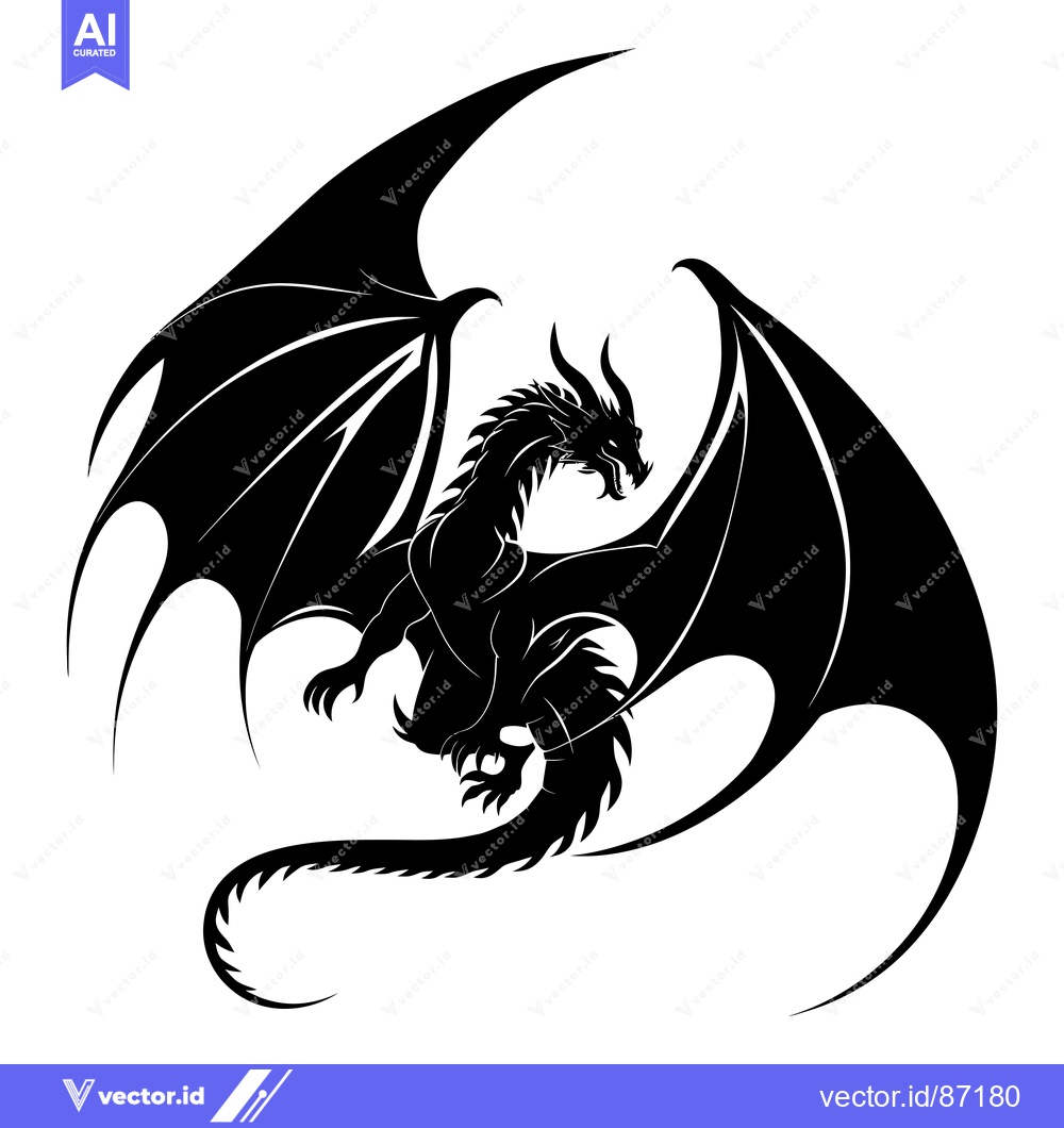 Premium Vector of A Black and White Silhouette of a Dragon with Wings Spread