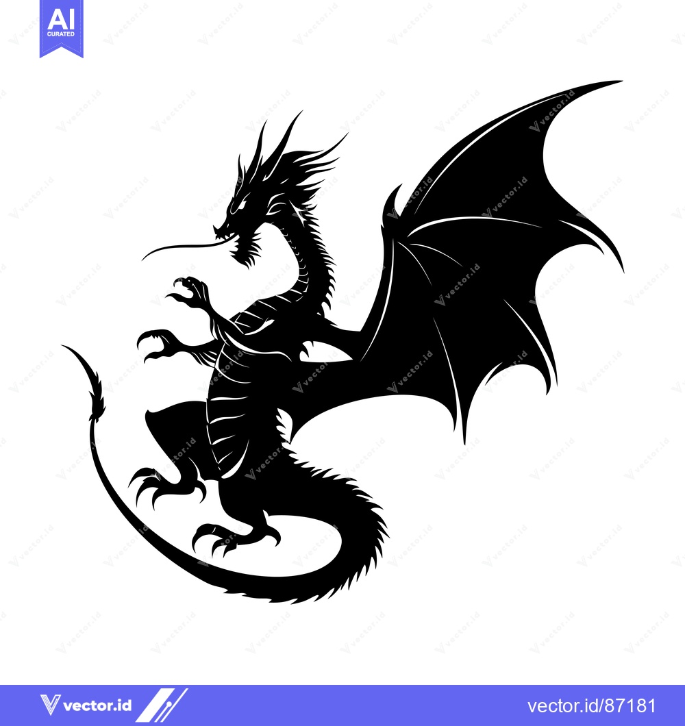 Premium Vector dari Black and White Silhouette of a Dragon with Spread Wings