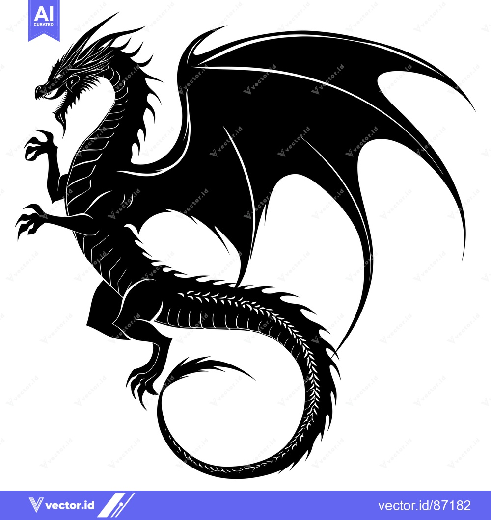 Premium Vector dari Black silhouette of a dragon with spread wings and a curled tail