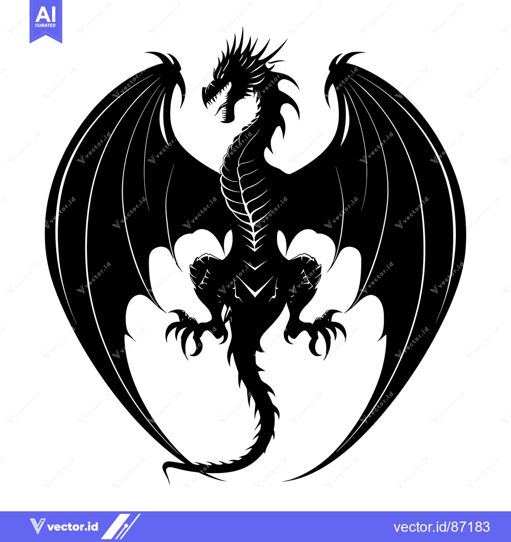 Premium Vector dari Black and White Silhouette of a Dragon with Wings Spread Wide