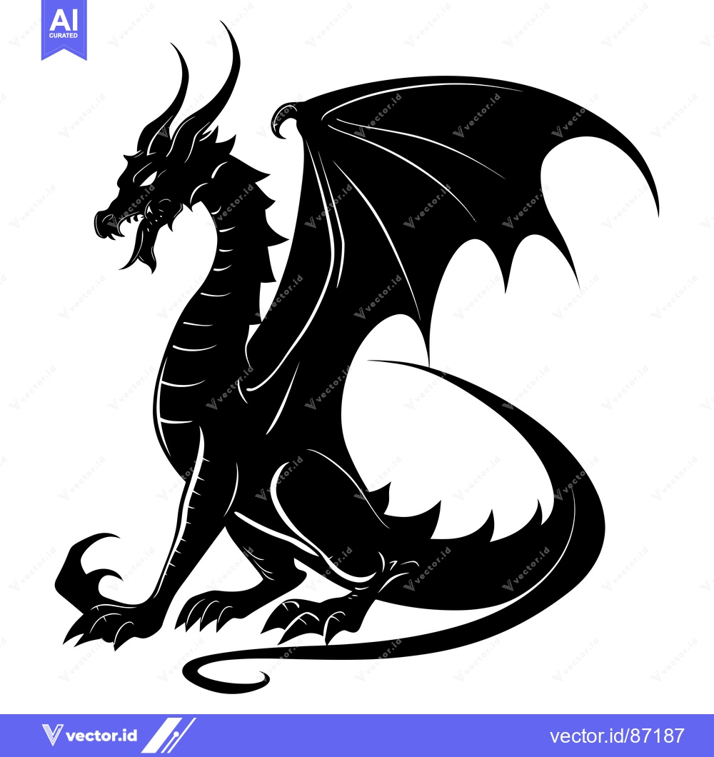 Premium Vector dari Black Silhouette of a Seated Dragon with Spread Wings