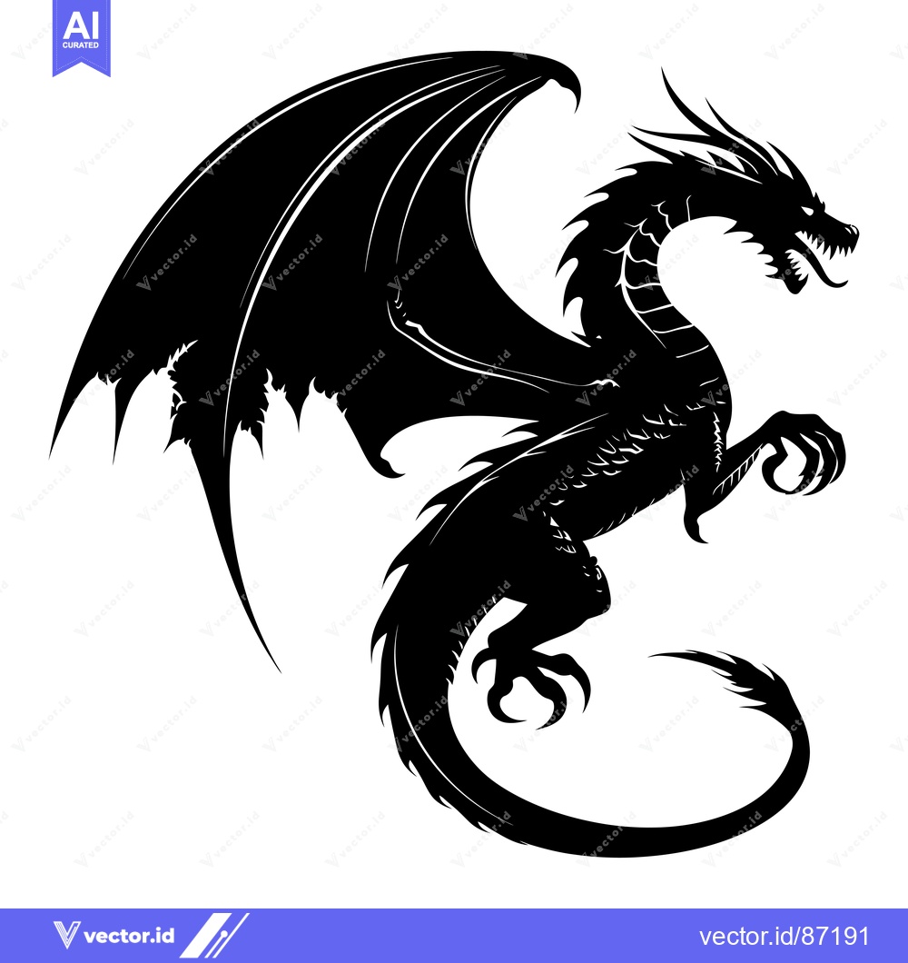 Premium Vector dari Black Silhouette of a Dragon with Spikes and Open Wings