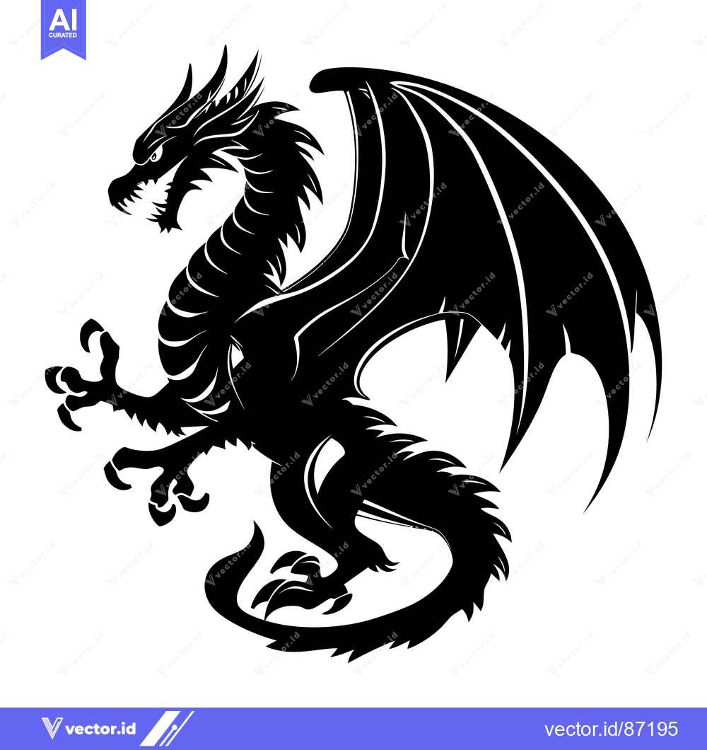 Premium Vector dari A Black and White Silhouette of a Dragon with Spikes and Claws