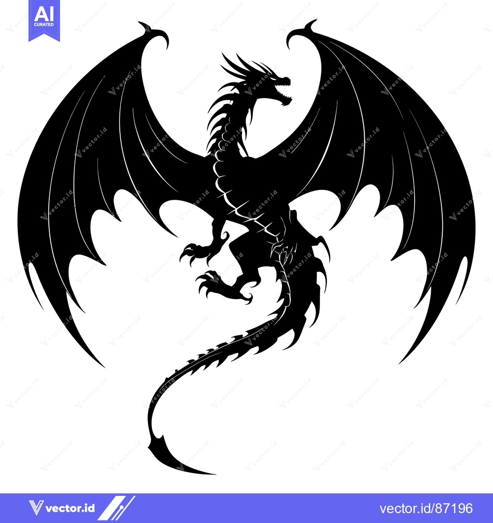 Premium Vector of Black silhouette of a dragon with outstretched wings and a curled tail