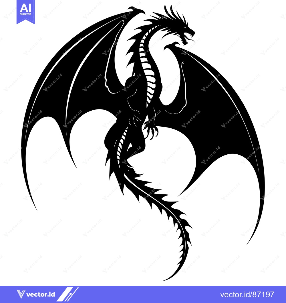 Premium Vector dari Black Silhouette of a Dragon with Spiked Tail and Wings Spread