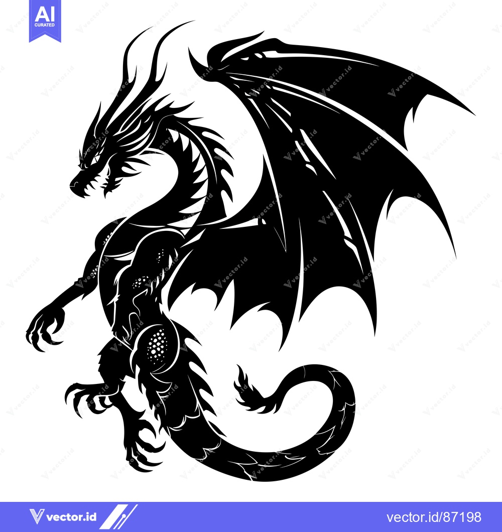 Premium Vector dari Black and White Silhouette of a Dragon with Spread Wings