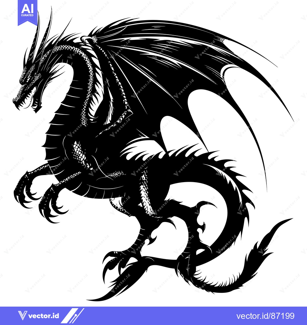 Premium Vector of Black and white silhouette of a dragon with wings spread