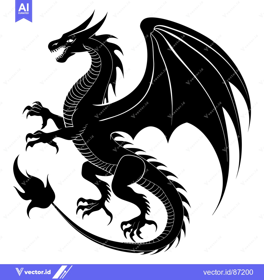 Premium Vector of Black and White Silhouette of a Dragon with Spread Wings