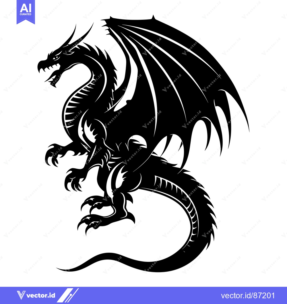 Premium Vector dari A Black and White Silhouette of a Dragon with Wings Spread