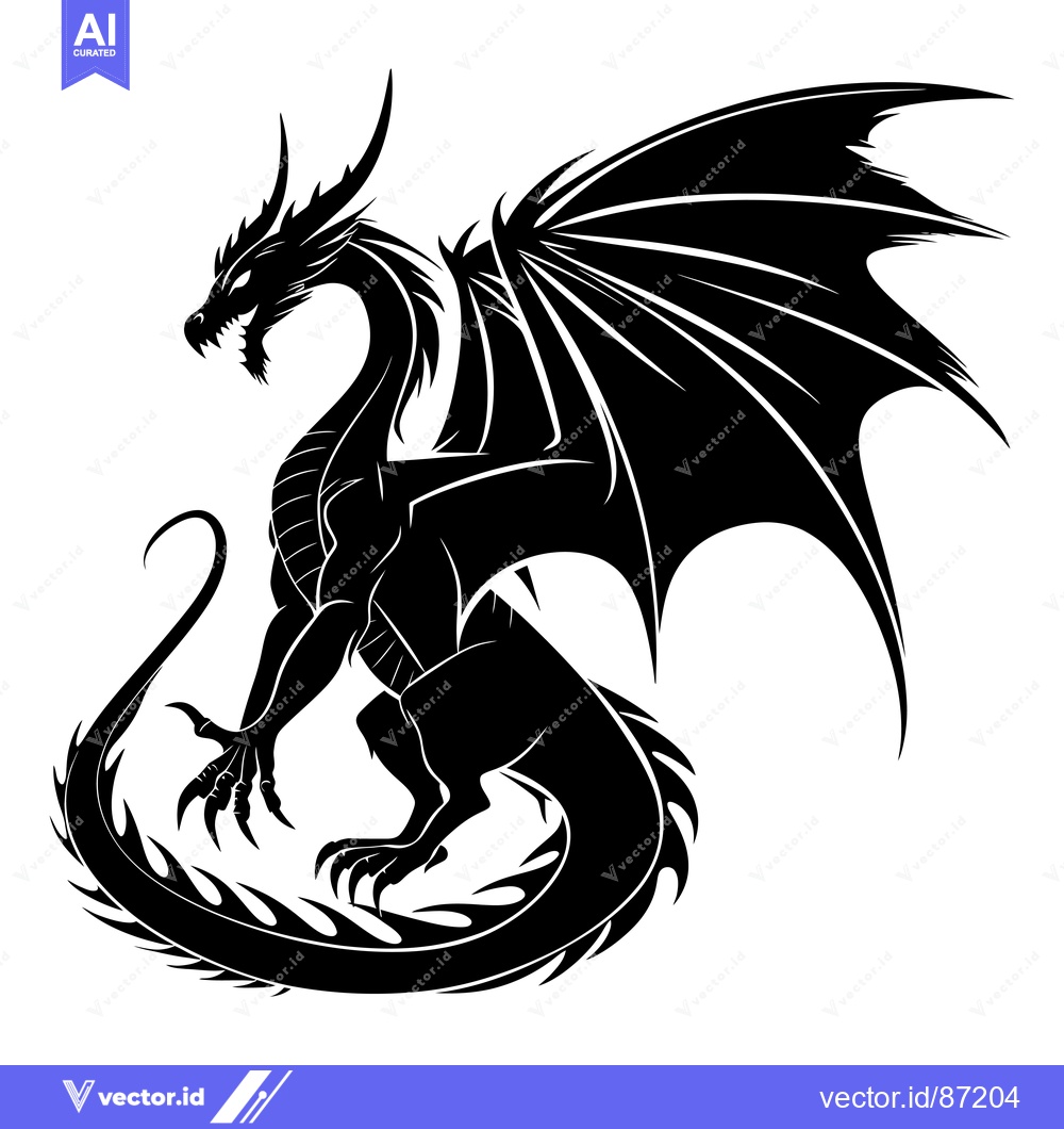 Premium Vector of Black Silhouette of a Dragon with Wings Spread