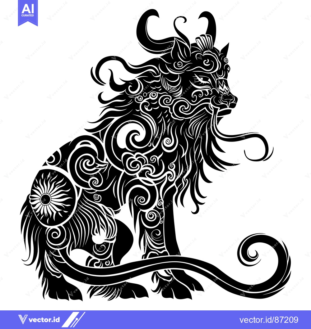 Premium Vector of A Black and White Stylized Illustration of a Mythical Lion-like Creatu