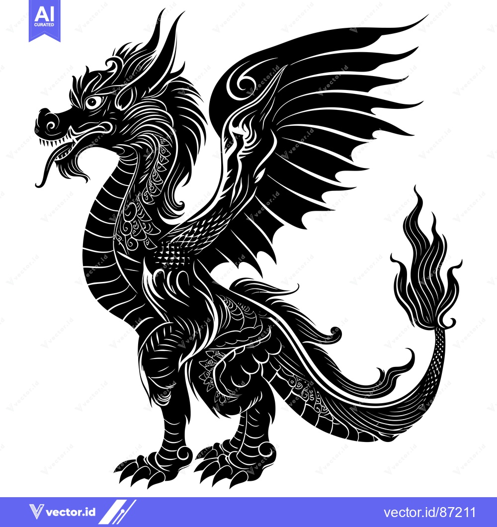 Premium Vector of Black and White Illustration of a Winged Dragon with a Flamed Tail